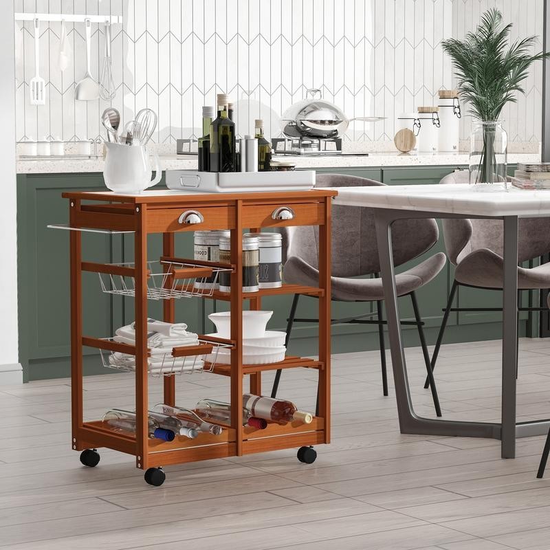 Wooden Kitchen Trolley with Wine Rack, Drawers & Tile Top – Honey Finish