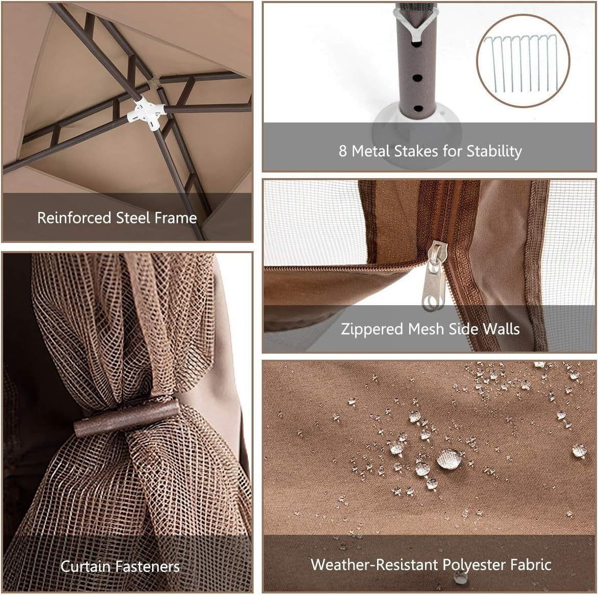 3x3M Brown Outdoor Gazebo With Zipped Mesh Sidewalls Double Roof Patio Tent