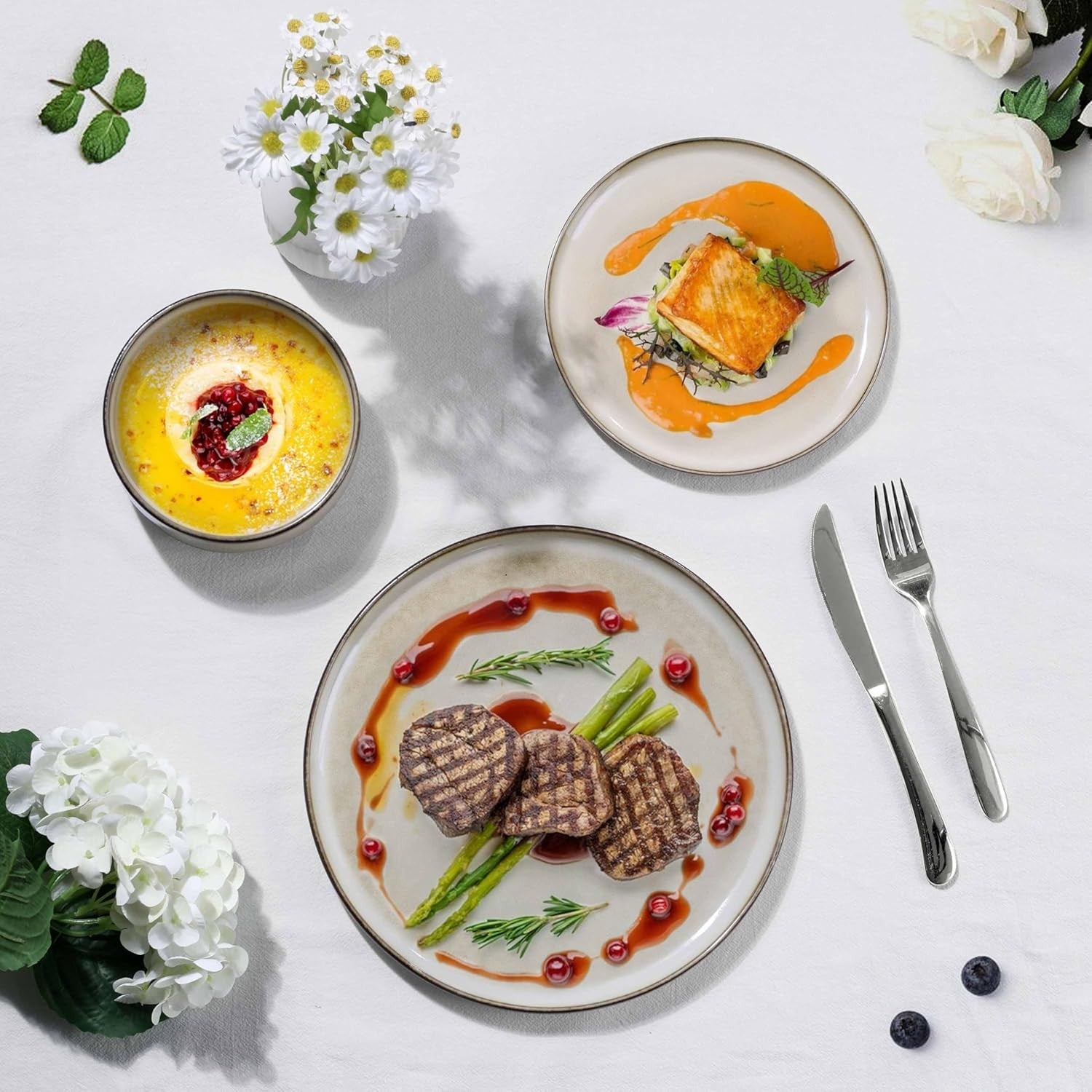 12pc Stoneware Dinner Set Plates Bowls Microwave Dishwasher Safe Cream