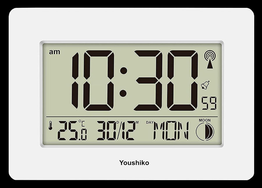 Large LCD Radio-Controlled Wall Clock White Silent Auto-Set Temp Day Date