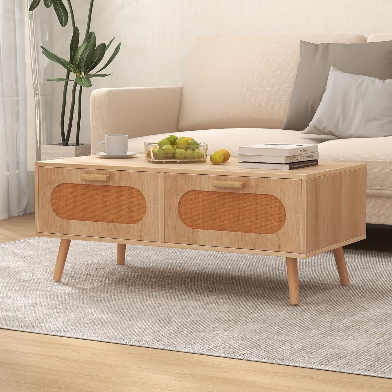 Wooden Coffee Table with 2 Rattan Drawers Storage & Solid Wood Legs 100x50x41cm