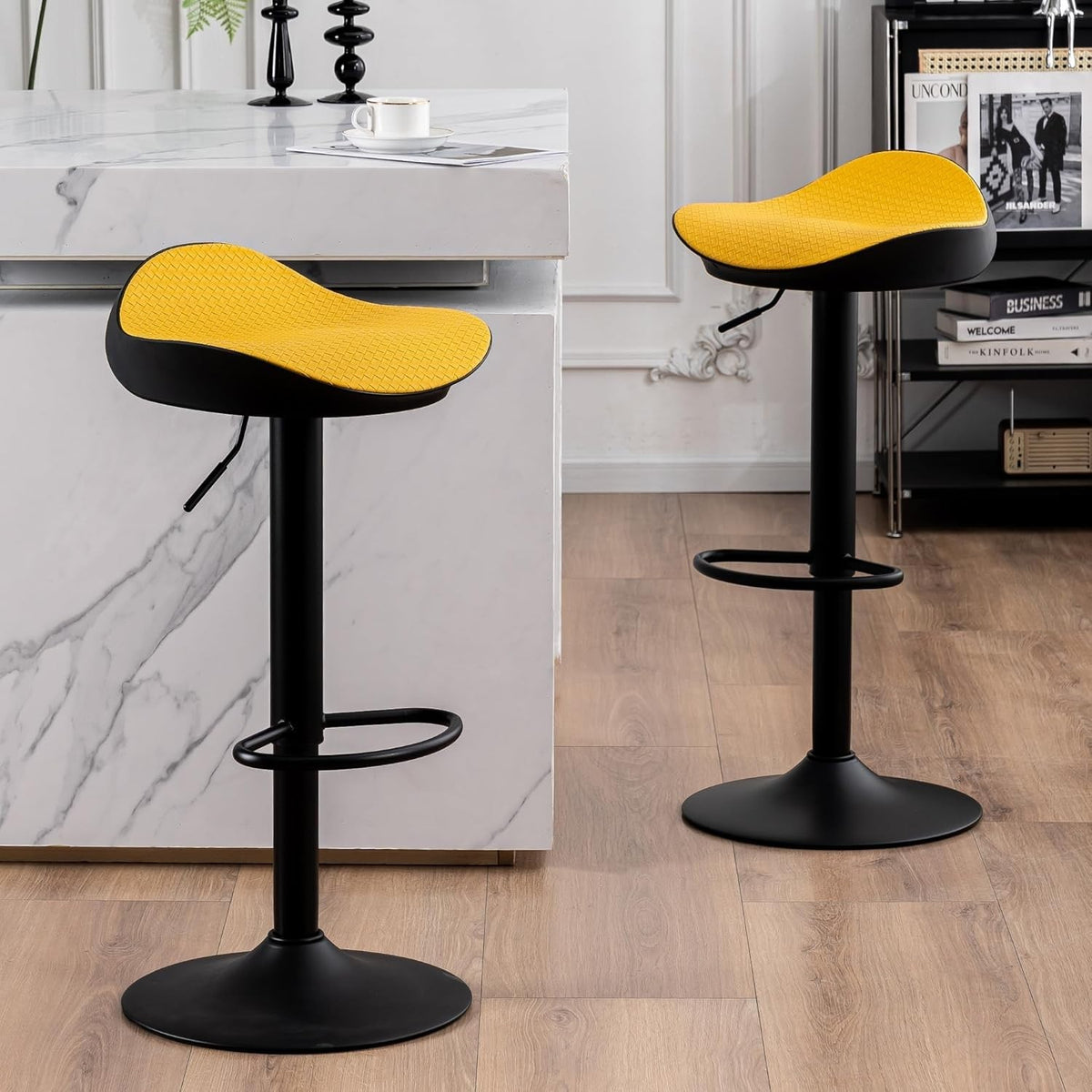 Yellow PU Leather Woven Swivel Bar Stools Set of 2 Height Adjustable Counter