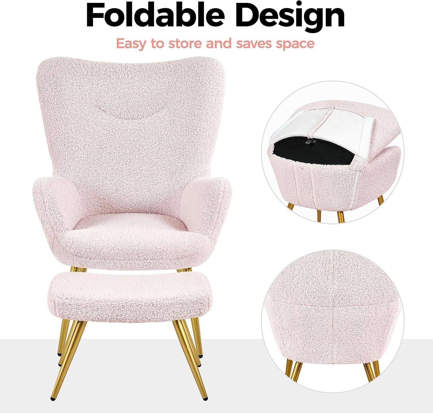 Boucle Armchair with Ottoman Set Pink Sherpa Tub Chair