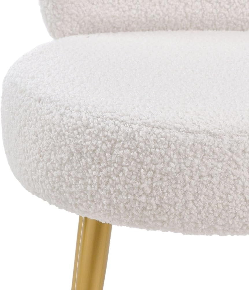 White Teddy Velvet Vanity Stool with Gold Legs – Tufted Back Dressing Chair