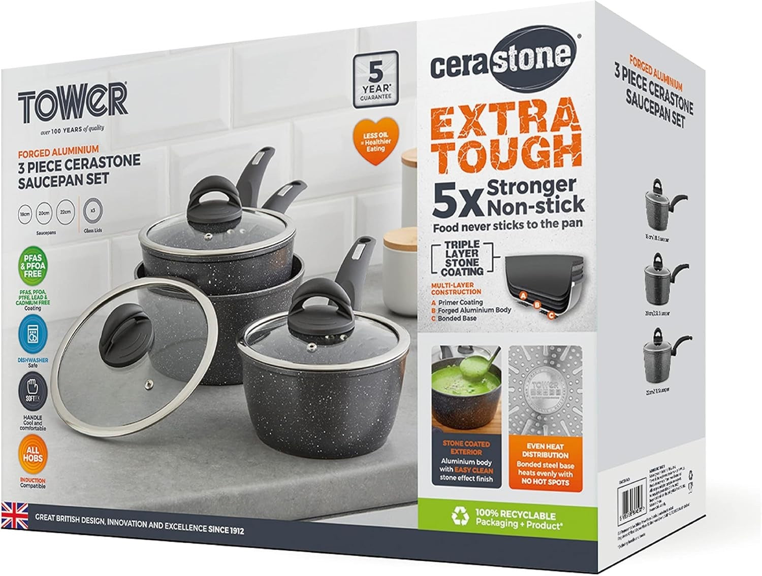 3pcs Graphite Non Stick Induction Saucepan Set 18/20/22cm with Glass Lids