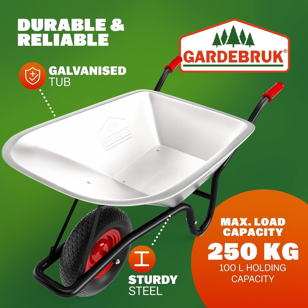 100L Wheelbarrow Silver – Galvanised Steel w/ Pneumatic Tyre Heavy Duty 250kg