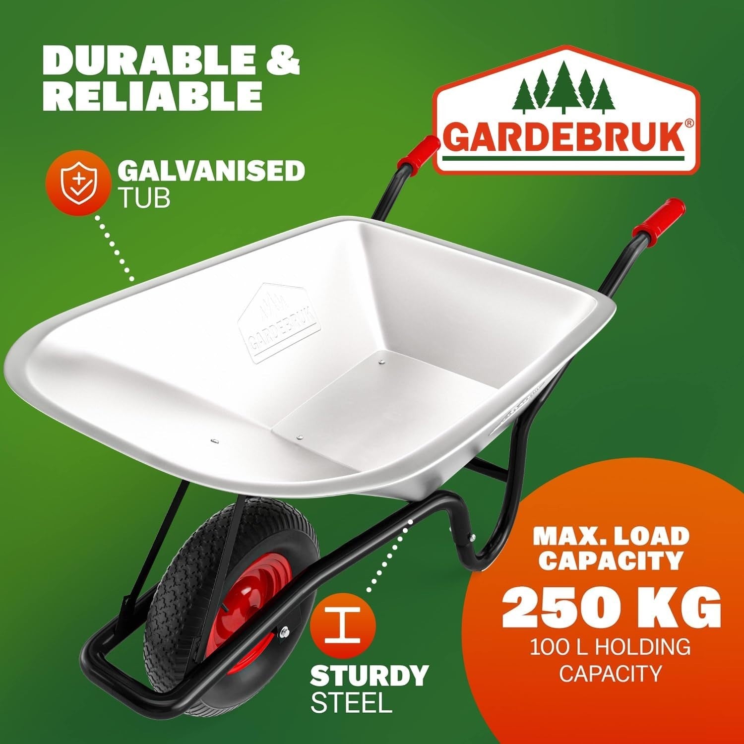 100L Wheelbarrow Silver – Galvanised Steel w/ Pneumatic Tyre Heavy Duty 250kg