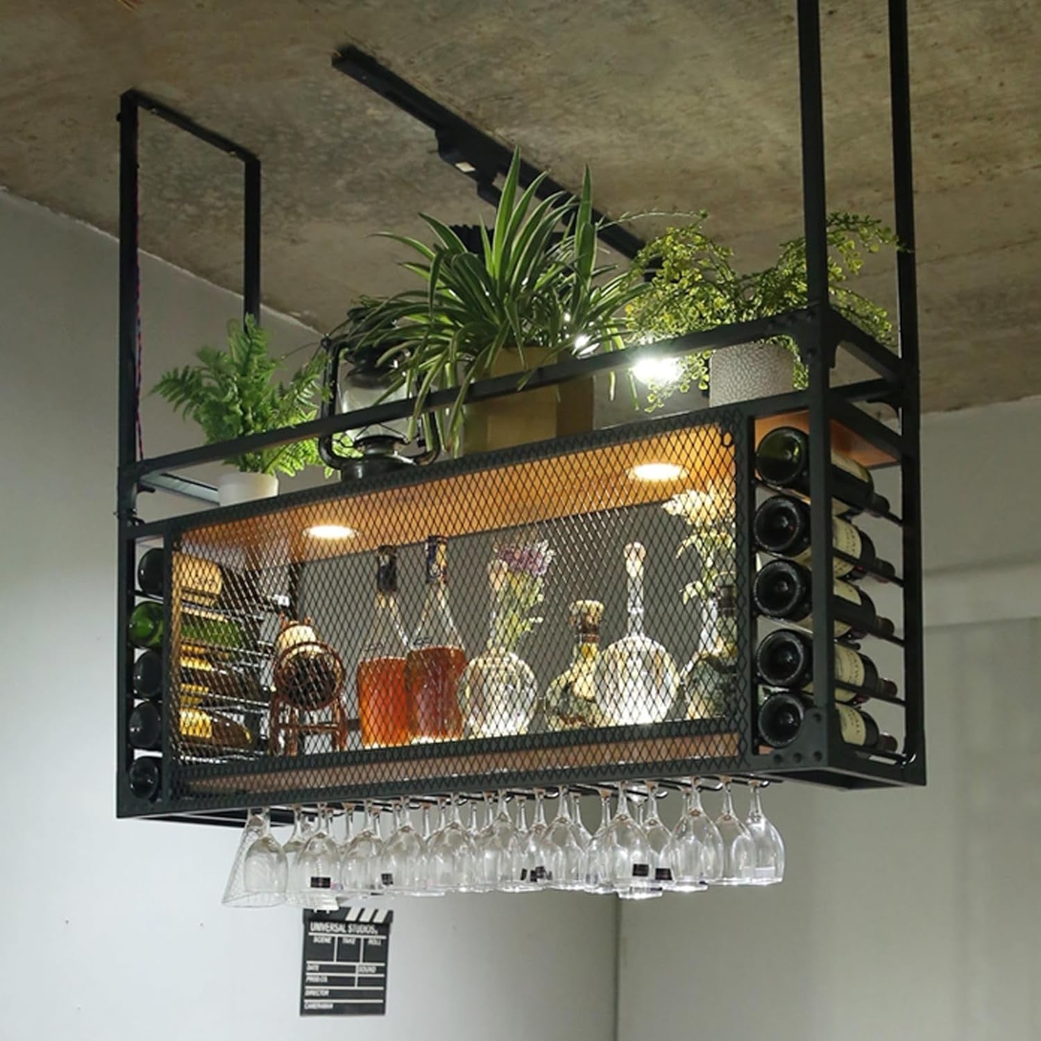 Modern Wall Mounted Wine Rack with Glass Holder & Shelf, Industrial Bar Storage