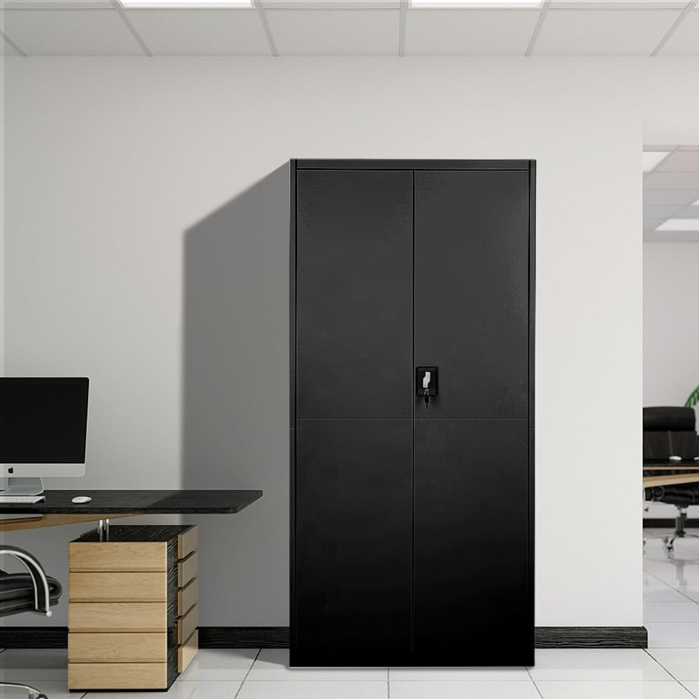 Tall Black Metal Storage Cabinet 2 Door Cupboard 5 Shelves 185cm Lockable