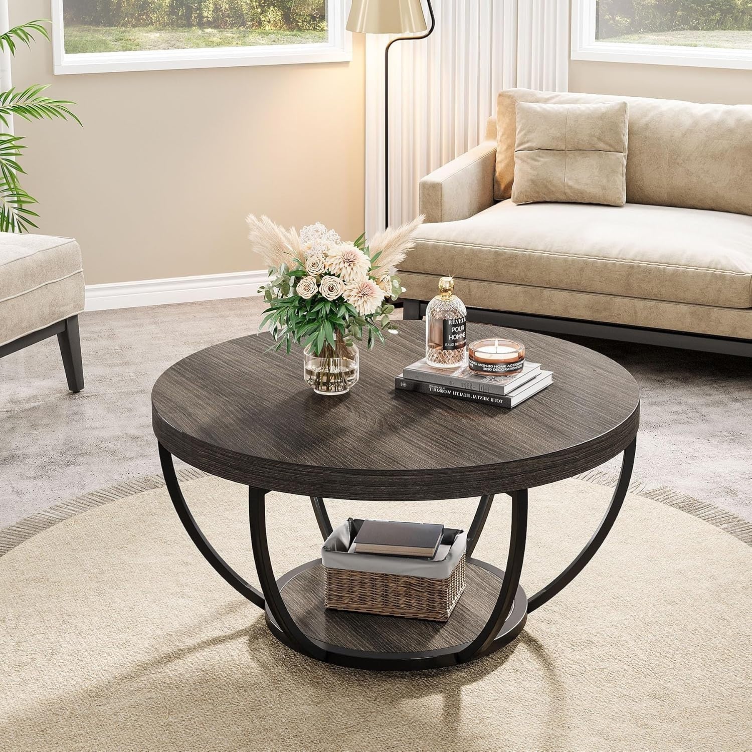 Round 2-Tier Coffee Table with Storage, Grey Wood Grain, 80.5x44cm
