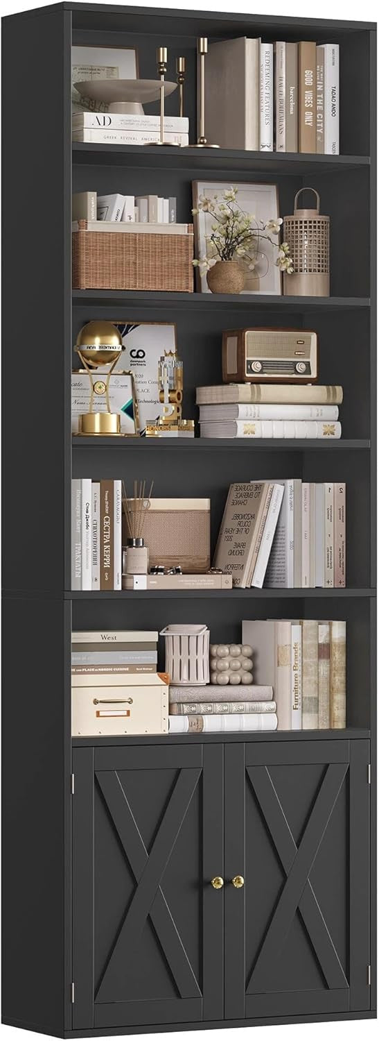 Tall 7-Tier Bookcase with Doors Modern Storage Cabinet Adjustable Shelves Black