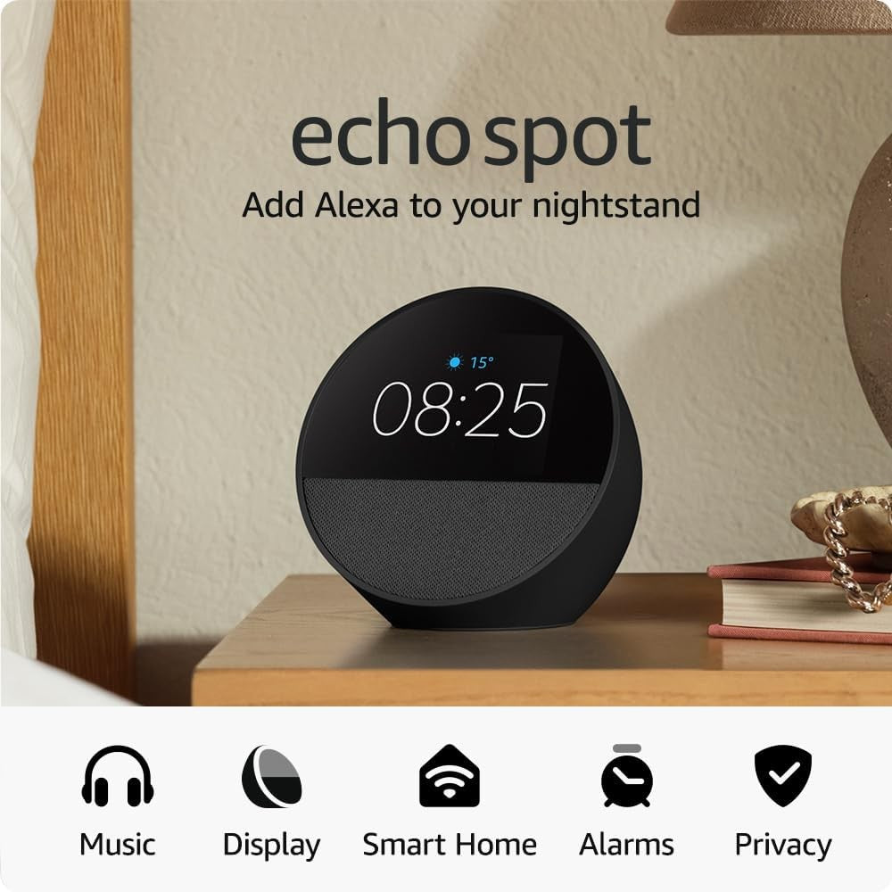 Smart Alarm Clock with Voice Control LED Display Bedside Speaker Black