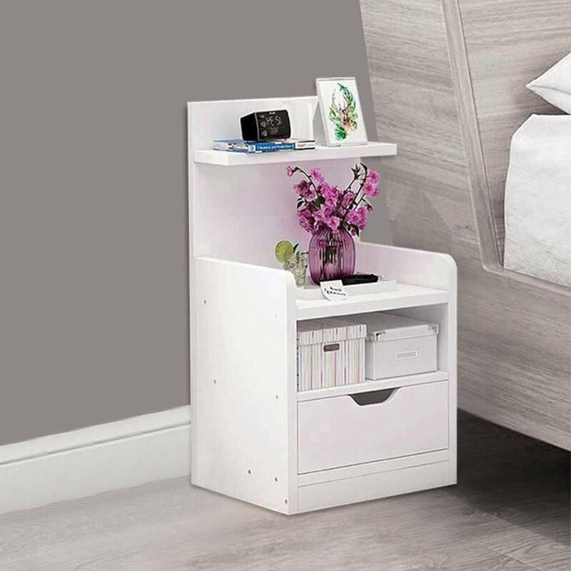 White Bedside Table with Drawer & Shelves, Compact Nightstand 60cm Modern