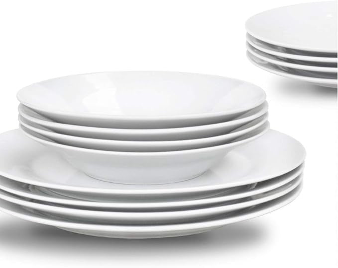 12 Piece White Porcelain Dinner Set for 4 Plates Bowls Microwave Safe