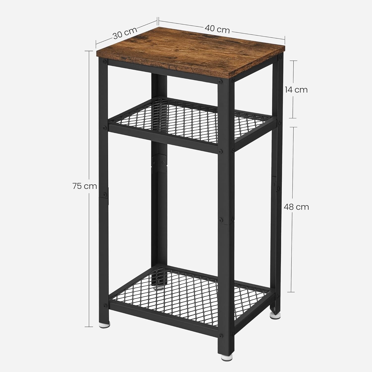 Tall Rustic Side Table with 2 Mesh Shelves, Industrial Bedside or Sofa End Stand