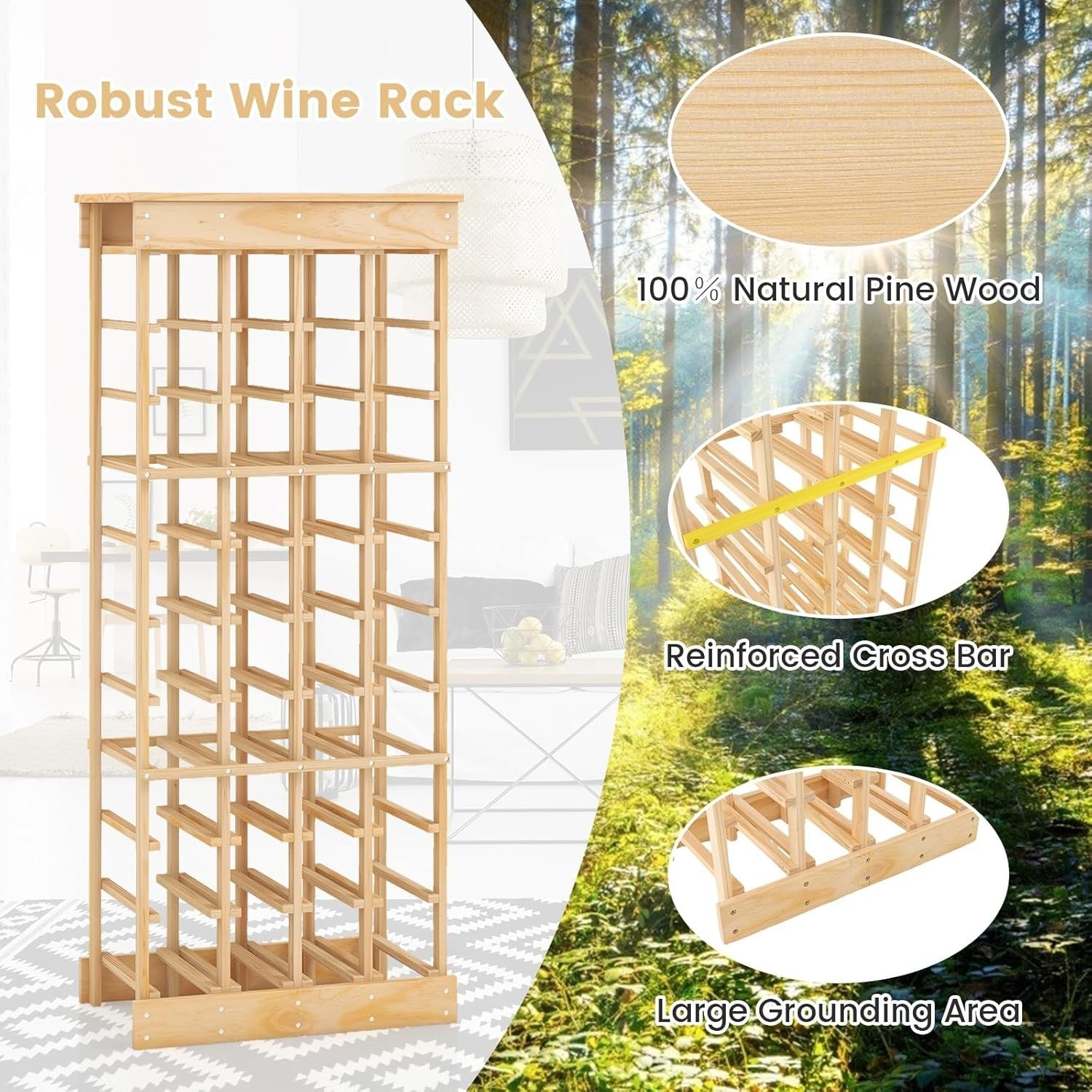 40 Bottle Wood Wine Rack 10-Tier Freestanding Storage Shelf for Home Bar