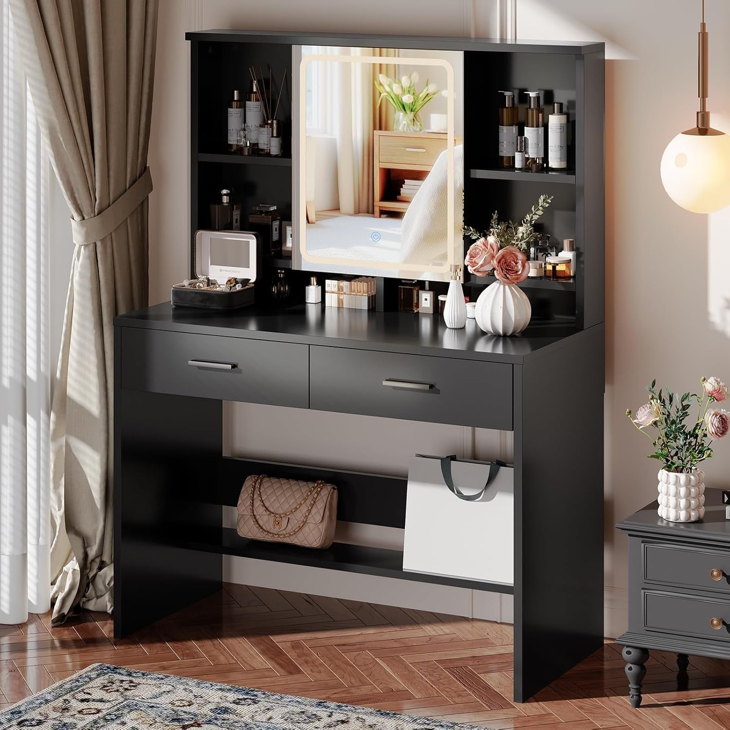 LED Dressing Table Black Vanity Desk 3-Colour Mirror Storage 2 Drawers Modern