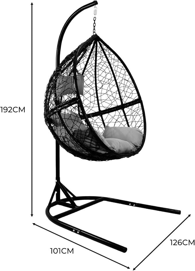 Hanging Egg Chairs x2 Black Rattan Swing with Cushions Indoor Outdoor Patio