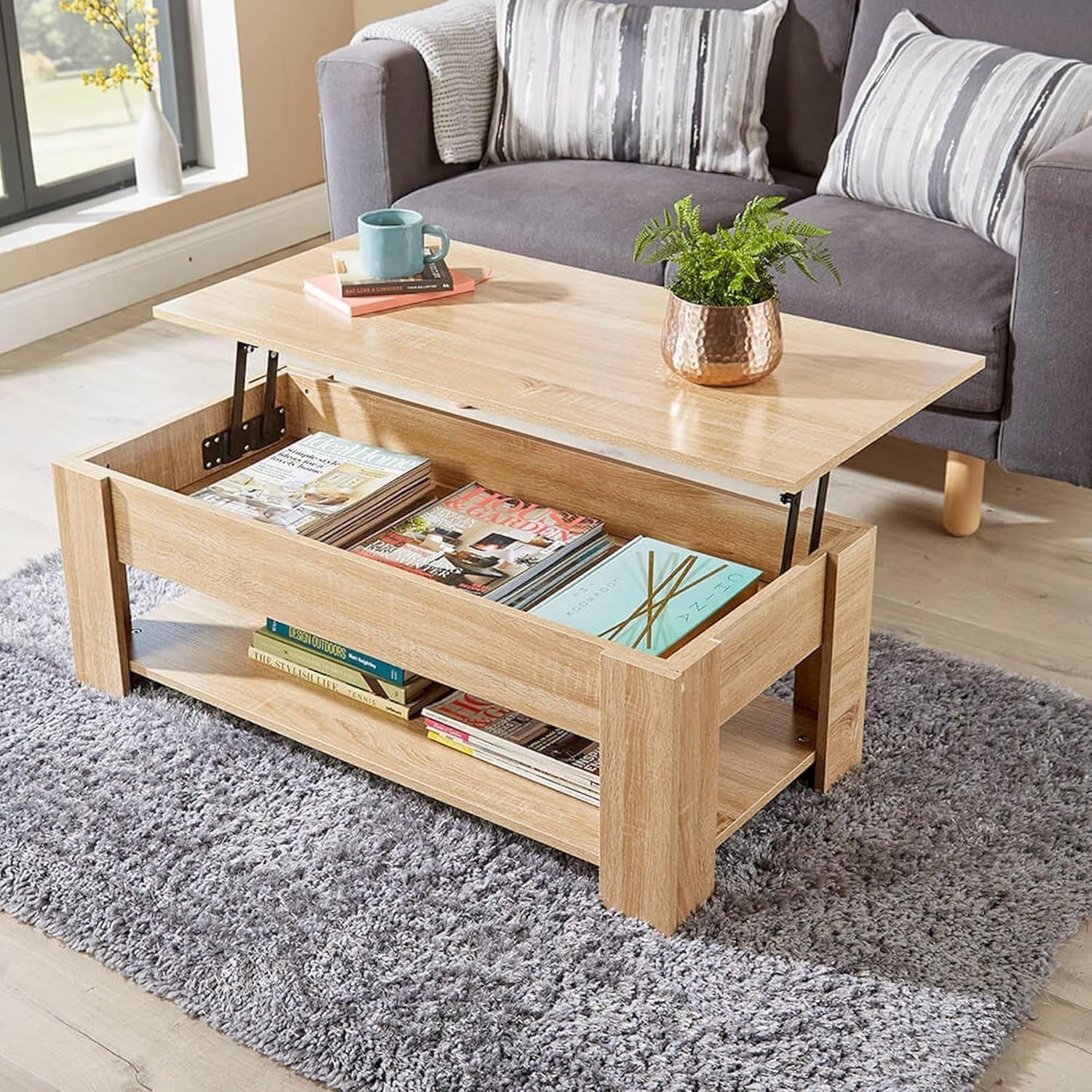 Oak Coffee Table with Lift-Up Storage & Magazine Shelf 100x50cm