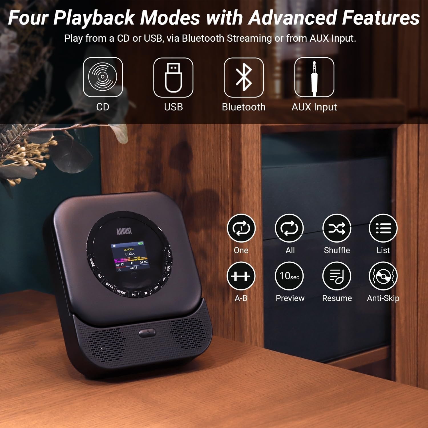 Portable CD Player Bluetooth 5.3 Rechargeable Speakers AUX USB Remote