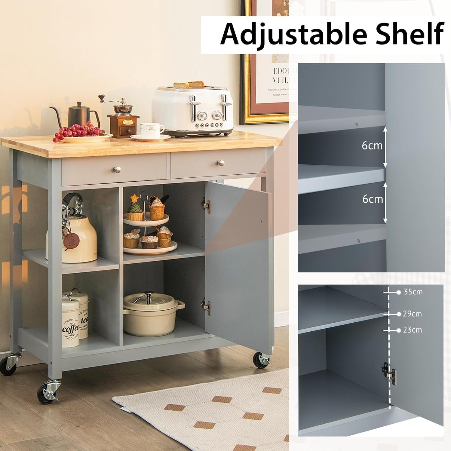 Mobile Kitchen Island Cart with Rubber Wood Top, Adjustable Shelves & Locking