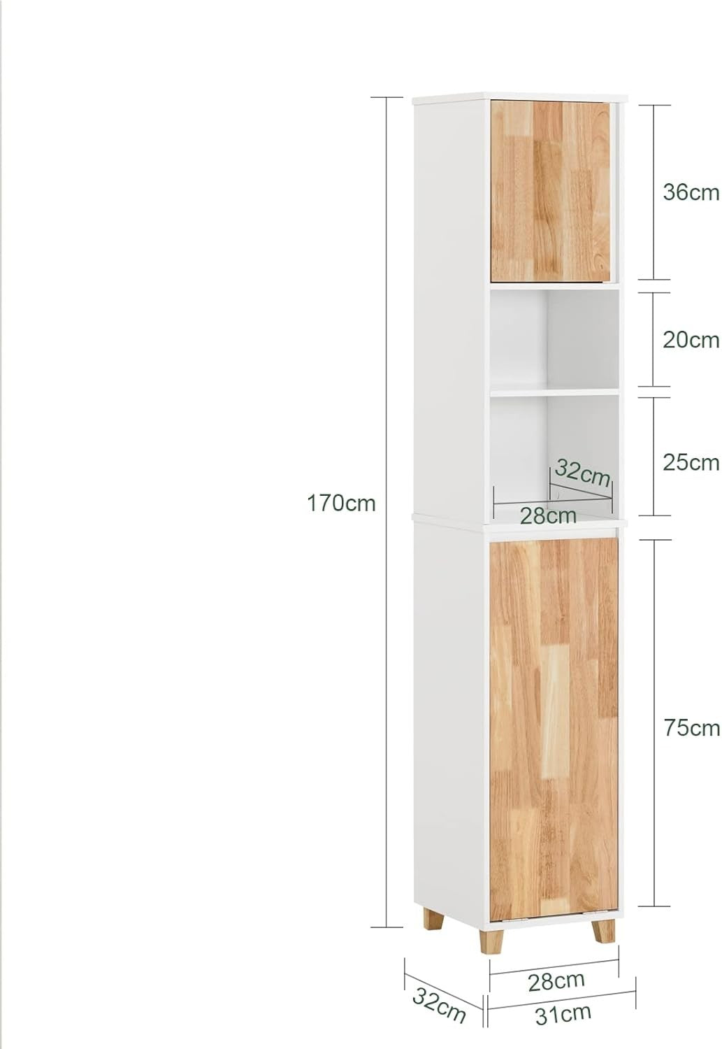 Tall Bathroom Storage Cabinet with Fold-Out Laundry Basket White 31×32×170cm