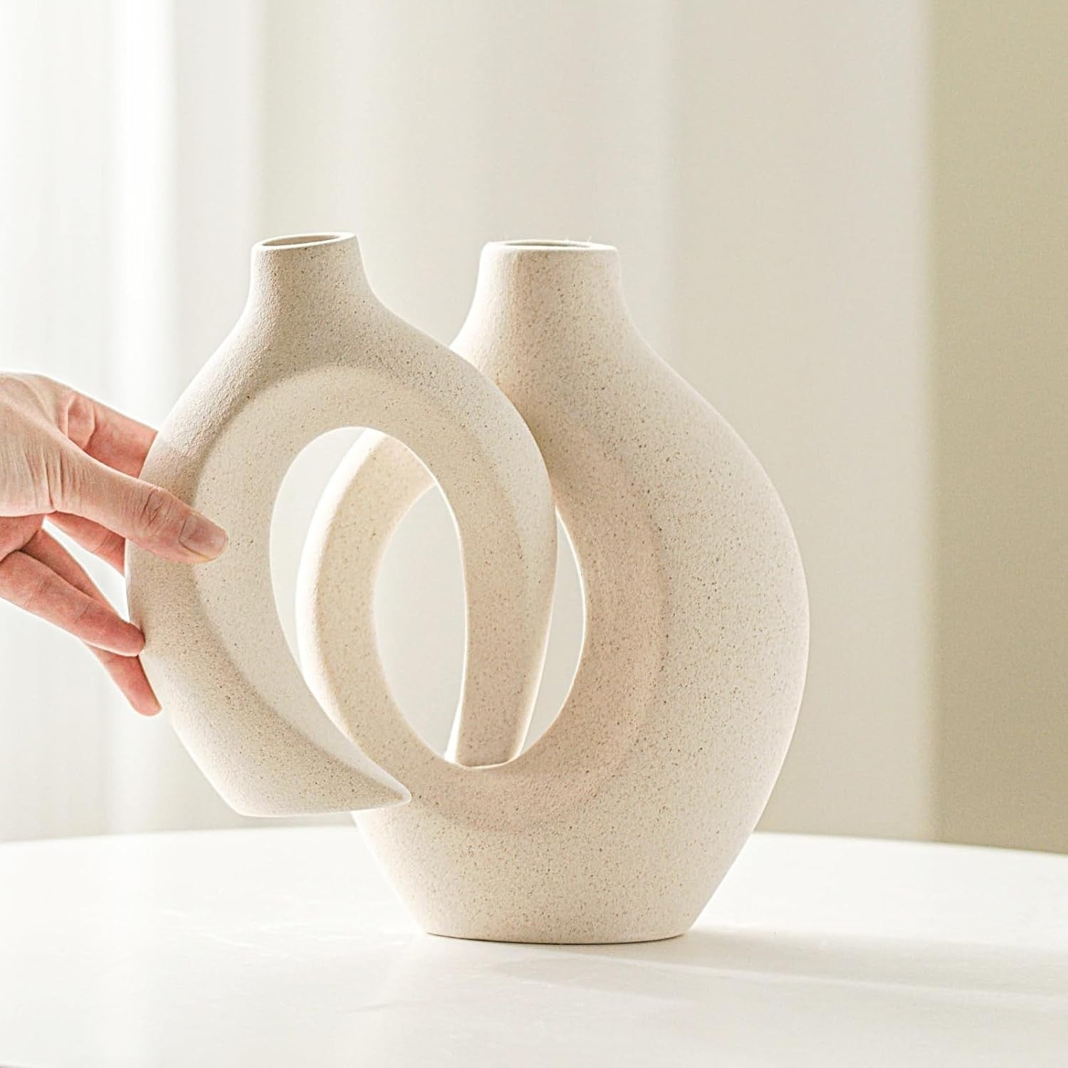 Ceramic Vase Set of 2 Nordic Boho Hollow Modern Flower Decor Cream White