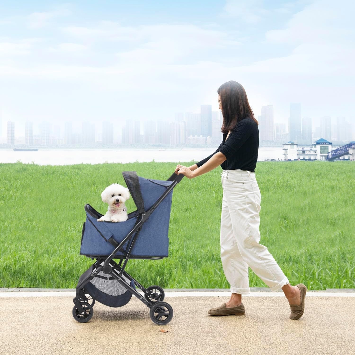 Pet Stroller 4 Wheel Folding Travel Pushchair Small Medium Dogs Navy