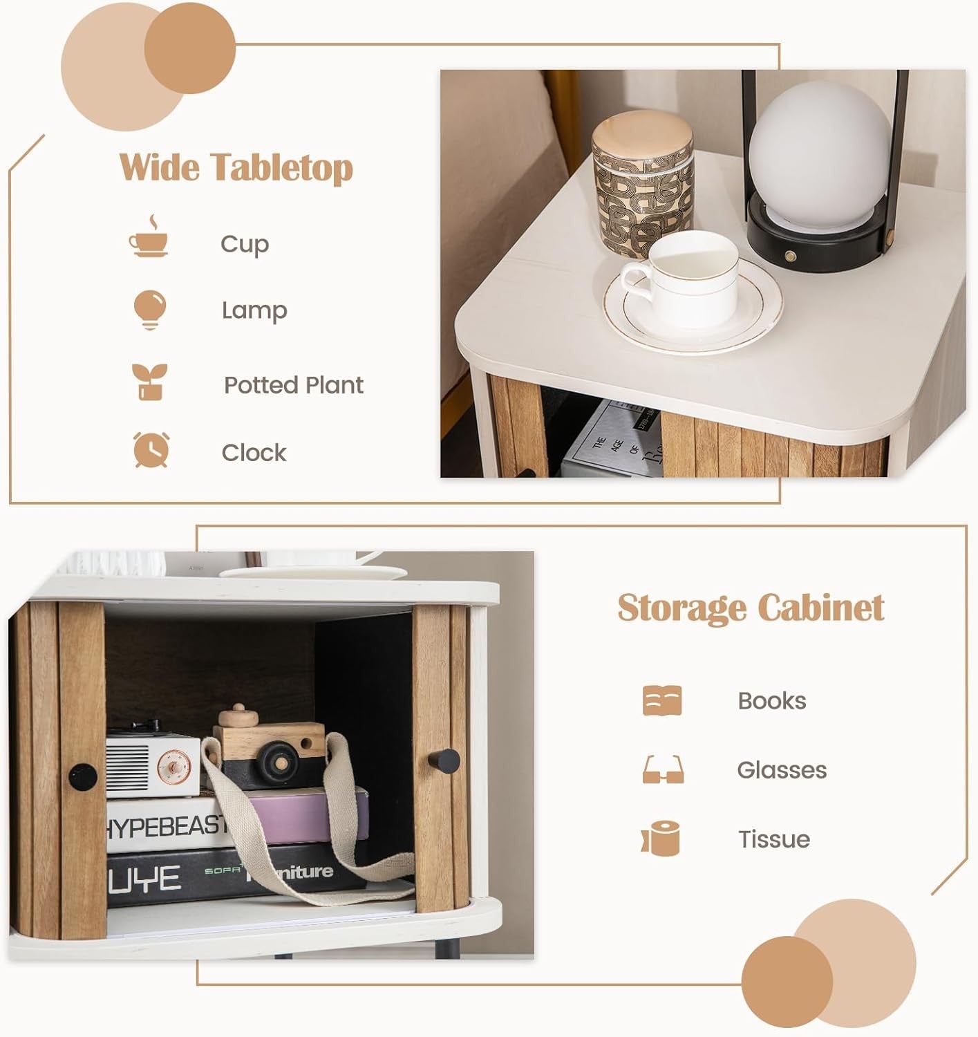 White Bedside Table with Sliding Doors & Metal Legs – Compact Modern Nightstand