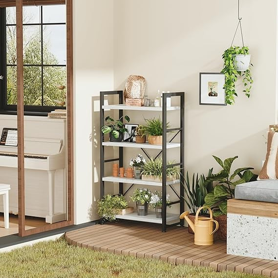 White Industrial 4-Tier Bookshelf Metal Frame Display Storage Shelving Unit