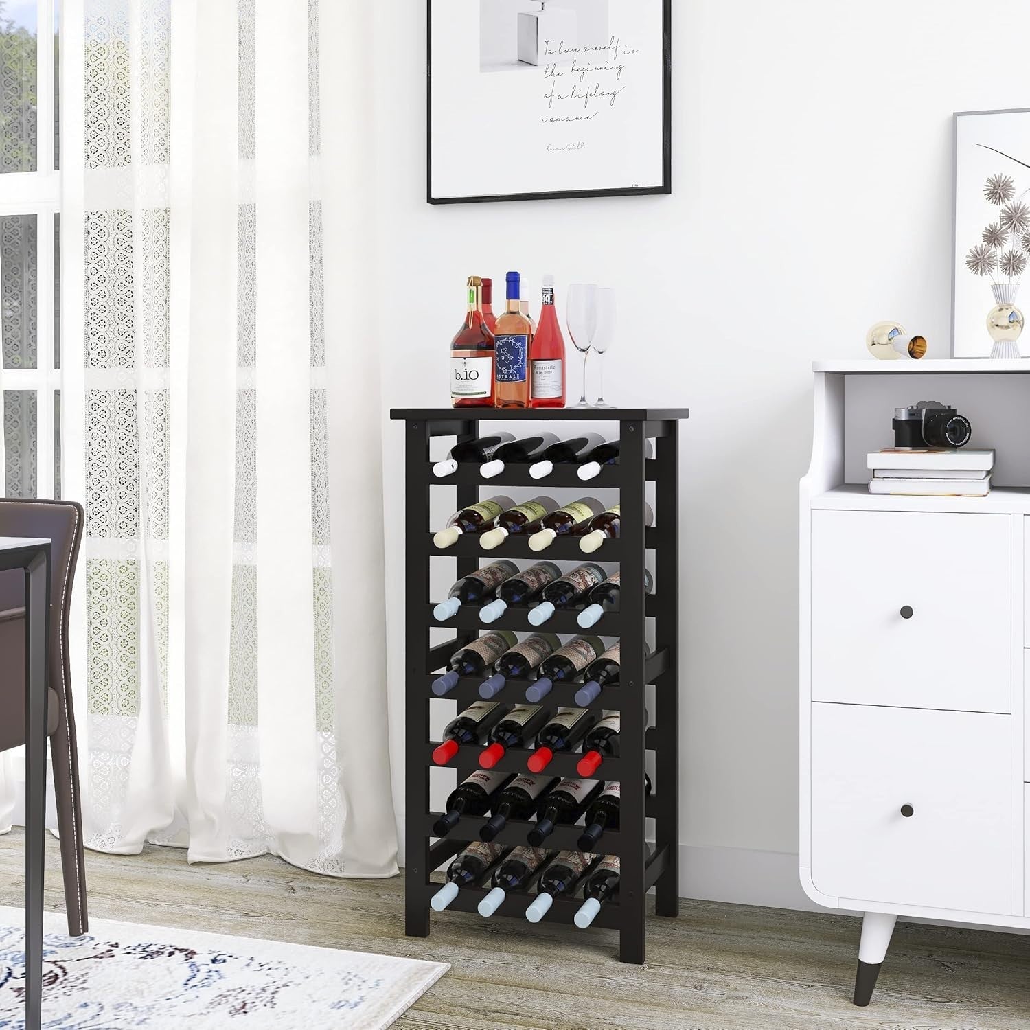 7 Tier Bamboo Wine Rack 28 Bottle Freestanding Storage Shelf Black Home Bar