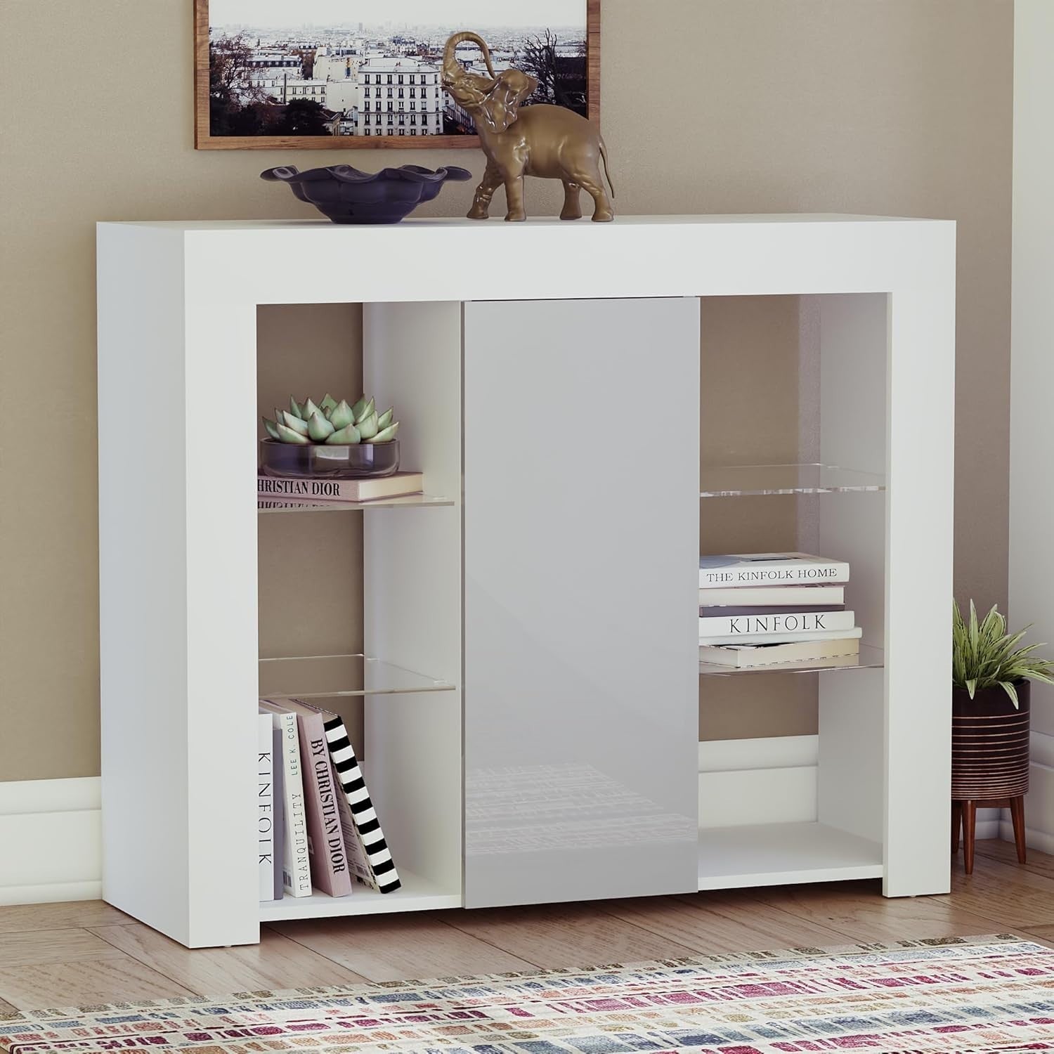LED Sideboard Cabinet High Gloss Grey White Modern Storage Unit RGB