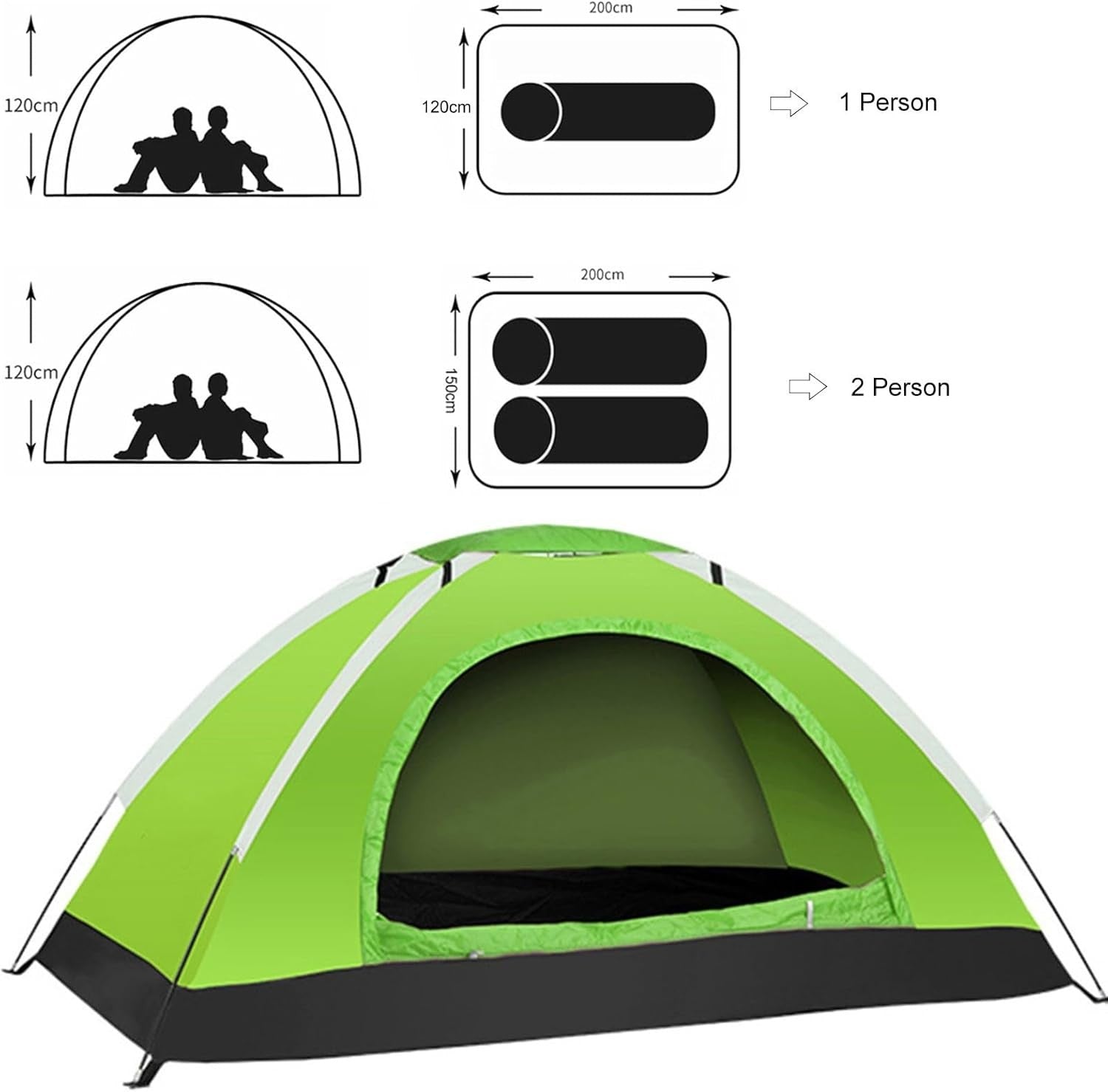 2 Person Lightweight Camping Tent Aluminium Poles Army Green