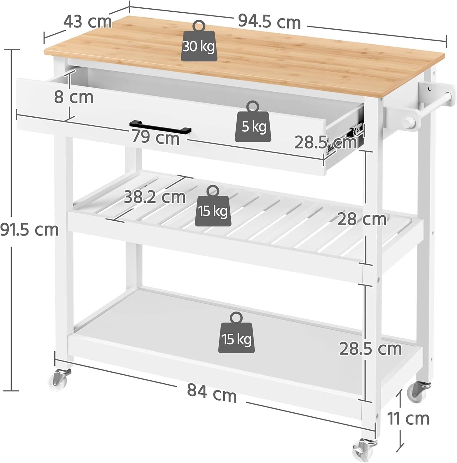 White Rolling Kitchen Island Cart with Bamboo Worktop, Drawer & Towel Rack