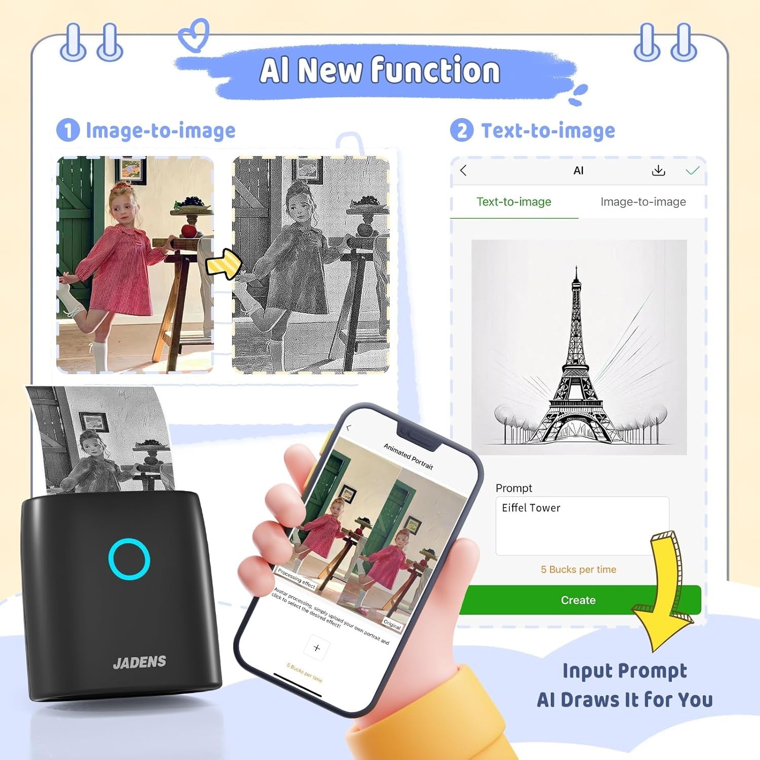 JADENS Mini Thermal Printer Wireless Bluetooth Portable Pocket