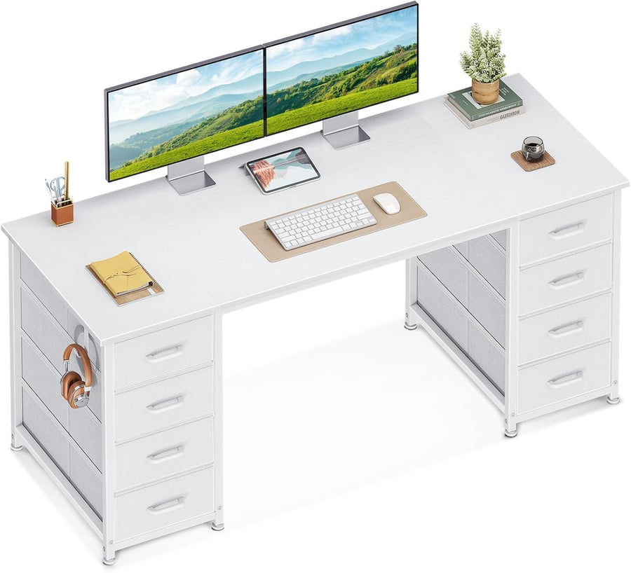 White 140x48cm Computer Desk with 8 Drawers, Modern Study & Office Table