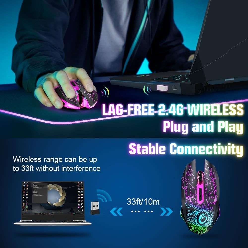 RGB Wireless Gaming Mouse Silent Click Rechargeable 2.4G USB PC Laptop