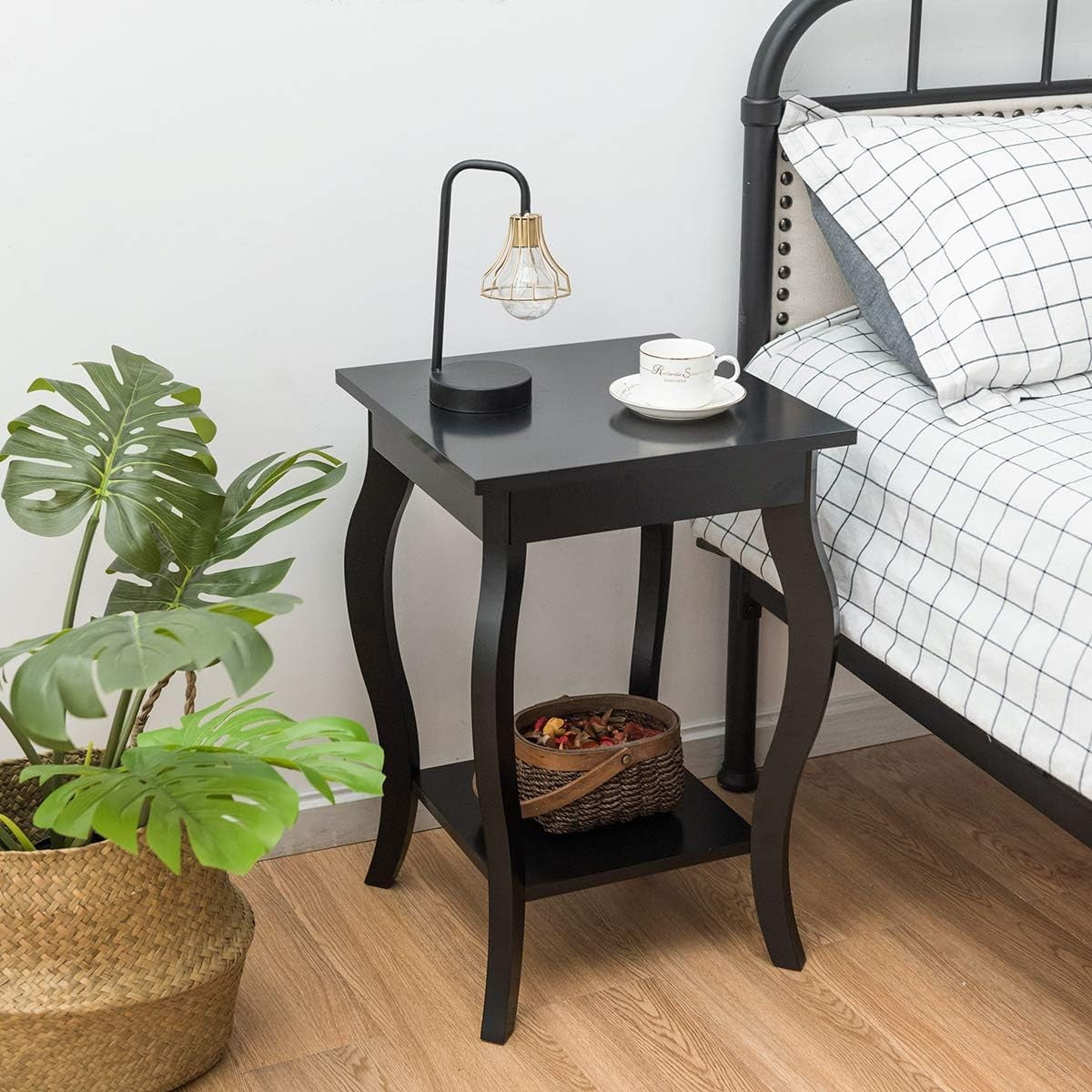 Black 2-Tier Bedside Table with Open Storage Shelf – Modern Wooden Side Table 40