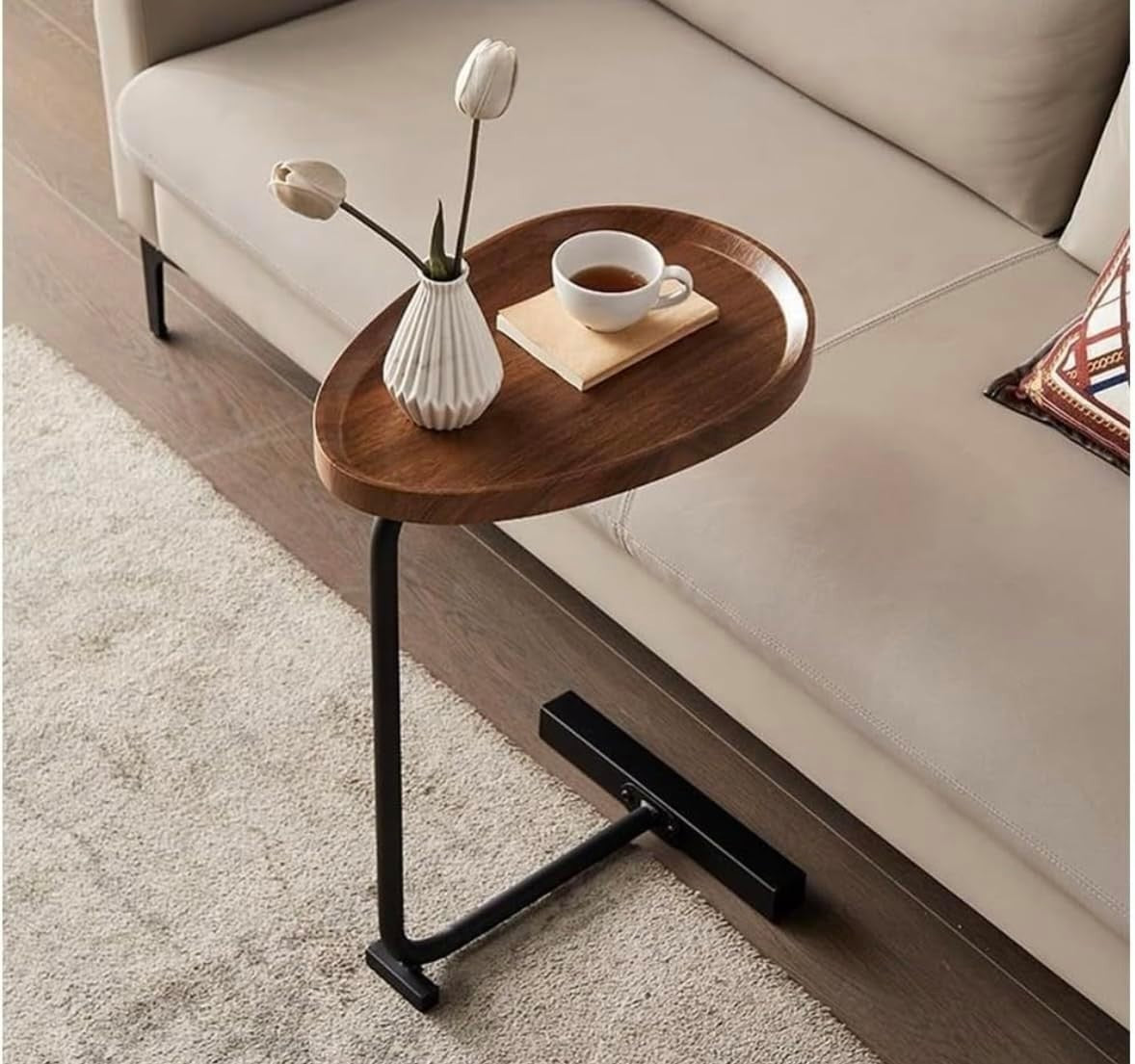 C-Shaped Sofa Side Table Wooden Top Black Metal Frame Compact 40x30x65cm
