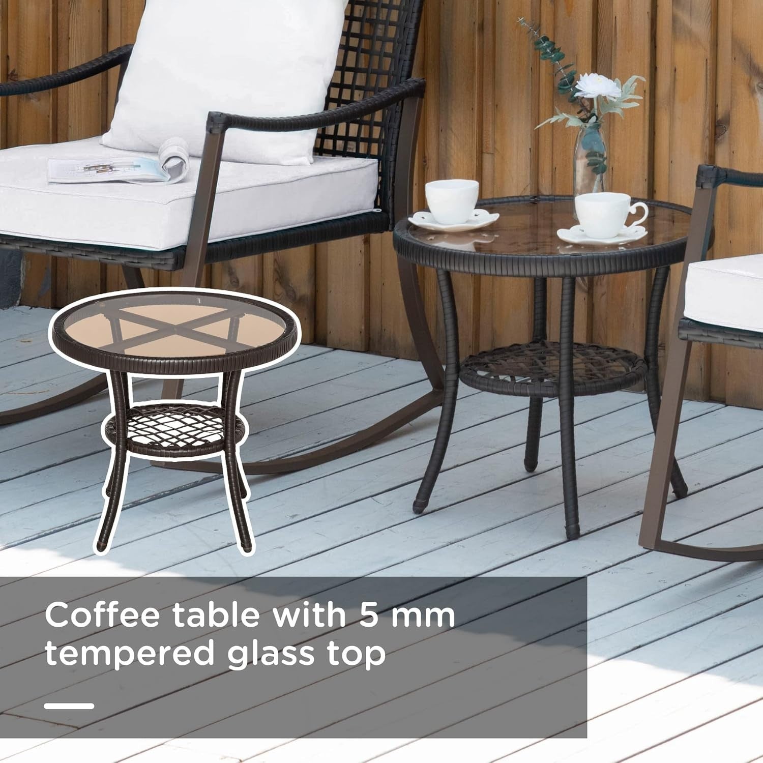 Rocking Rattan Bistro Set 3PC Armchairs Round Glass Table Cushioned Patio