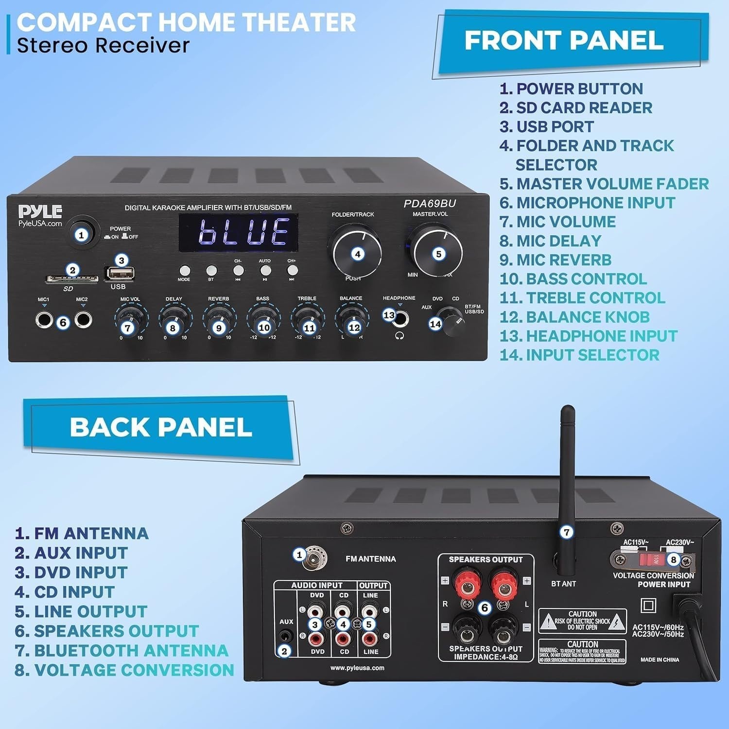 300W 2-Channel Bluetooth Stereo Amplifier Receiver AUX USB FM Mic Inputs