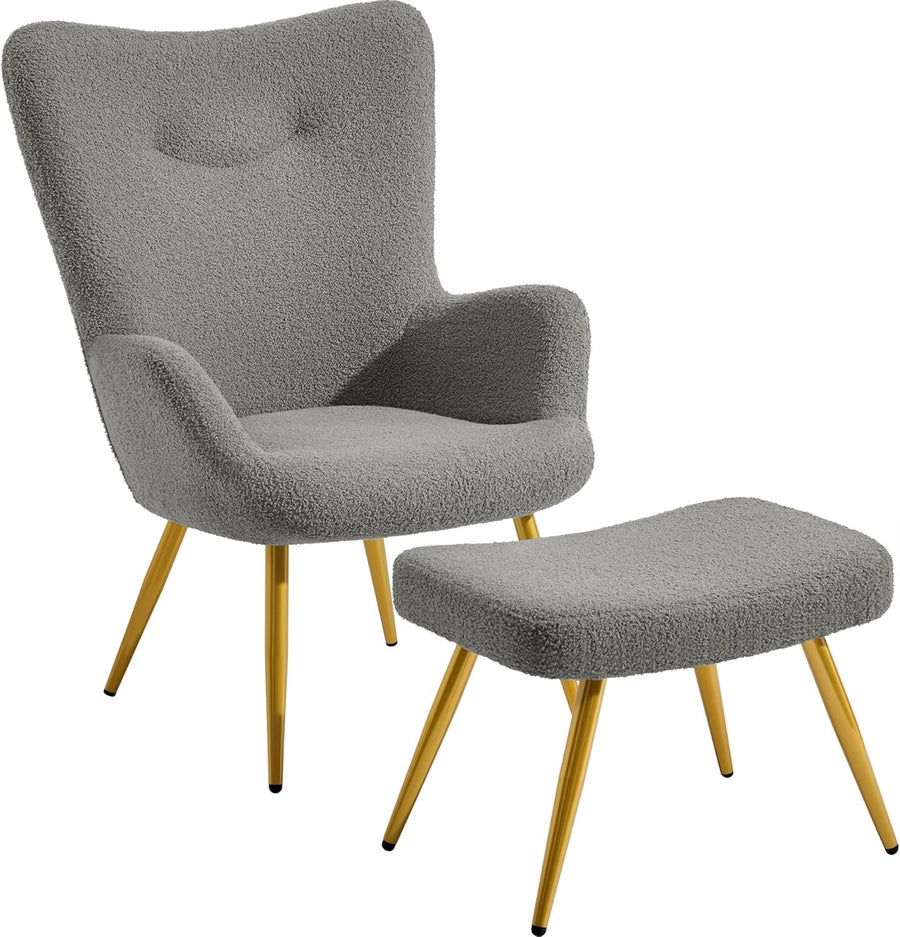Sherpa Boucle Armchair with Ottoman High Back Accent Chair Dark Grey