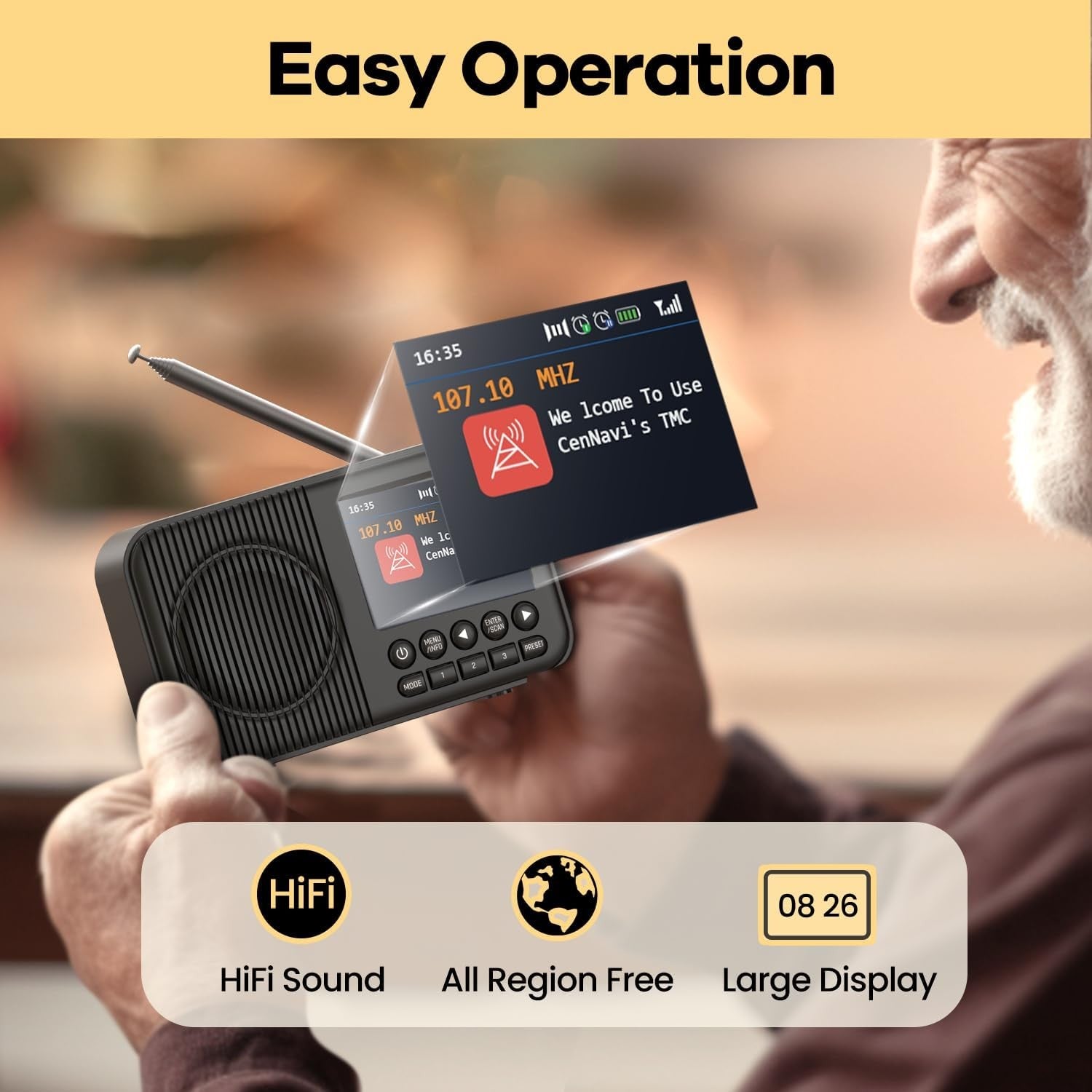 Portable DAB Digital Radio Bluetooth Rechargeable Dual Alarm Colour Display
