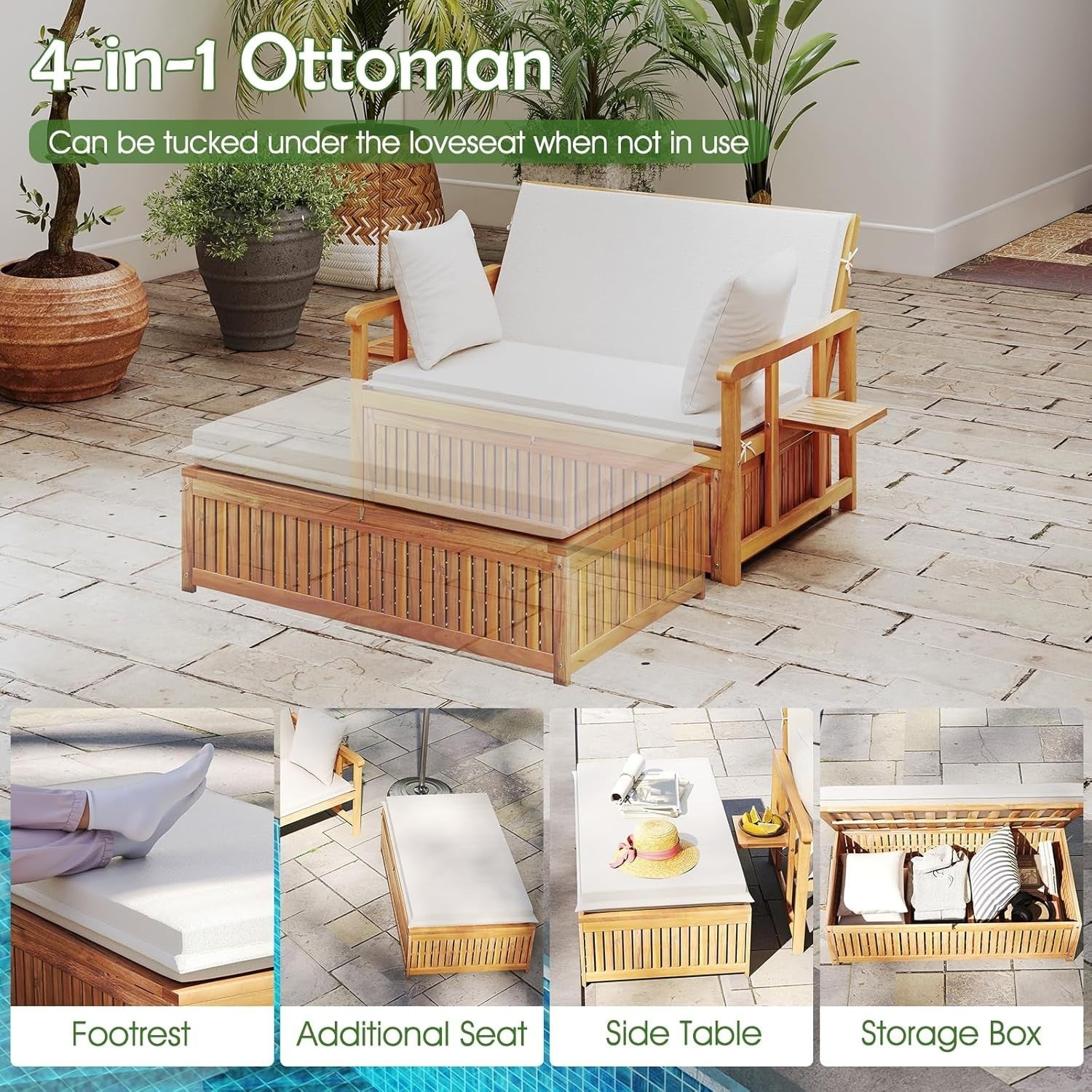 Acacia Wood Outdoor Loveseat & Ottoman Daybed with Cushions, Adjustable Back