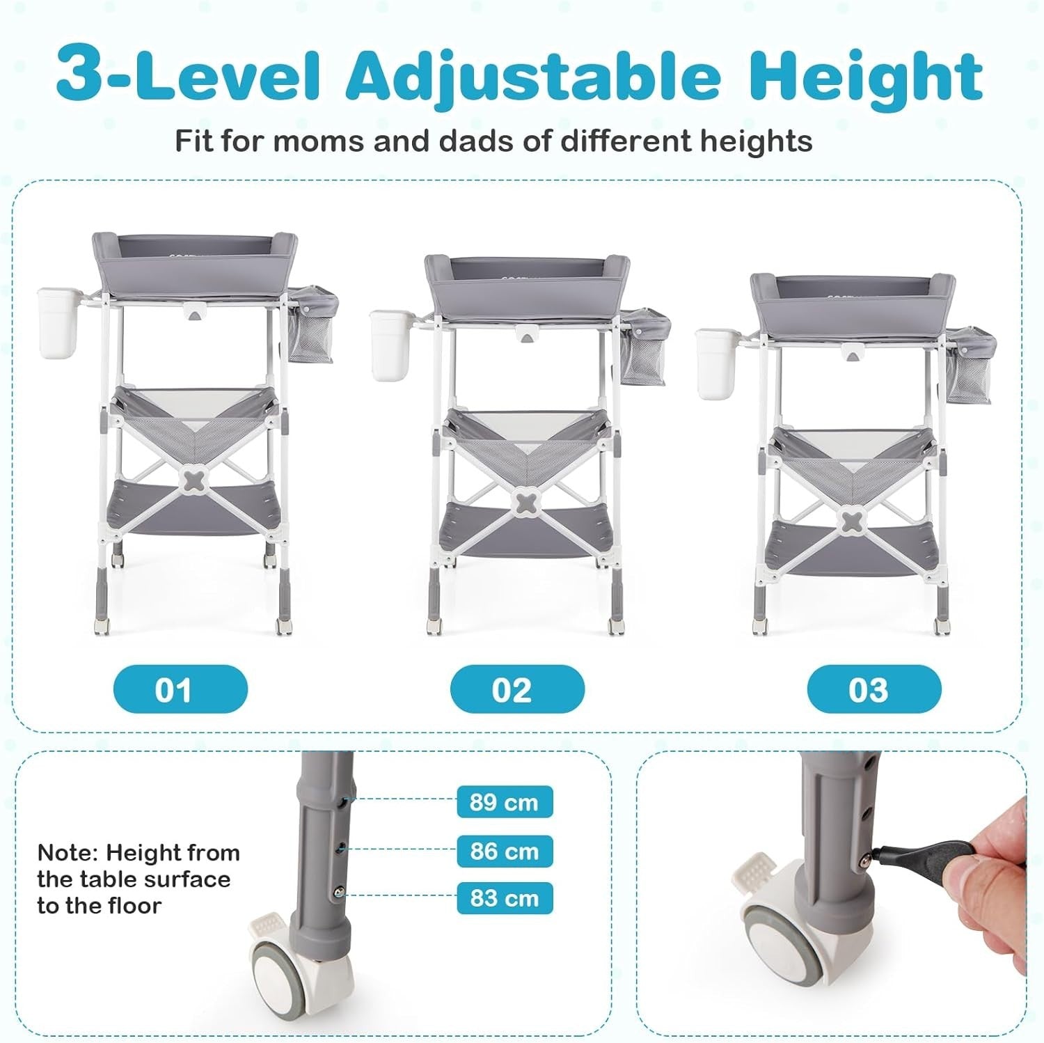 Baby Changing Table Folding Nursery Station with Wheels & Storage Grey