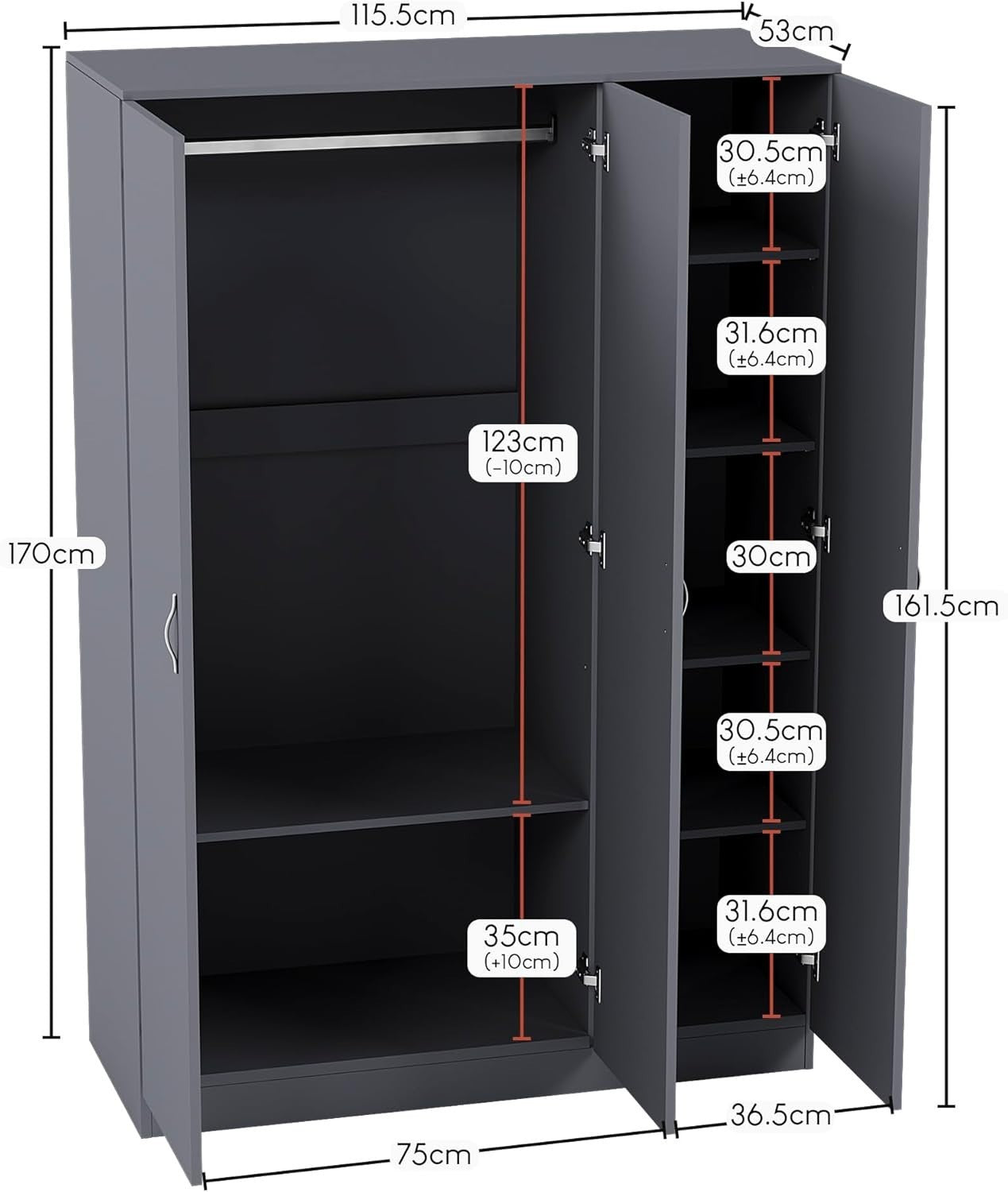 Grey 3 Door Wardrobe with Hanging Rail & Adjustable Shelf, Bedroom Storage