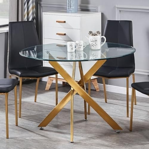 Round Glass Dining Table 100cm Gold Metal Legs Modern Kitchen Table