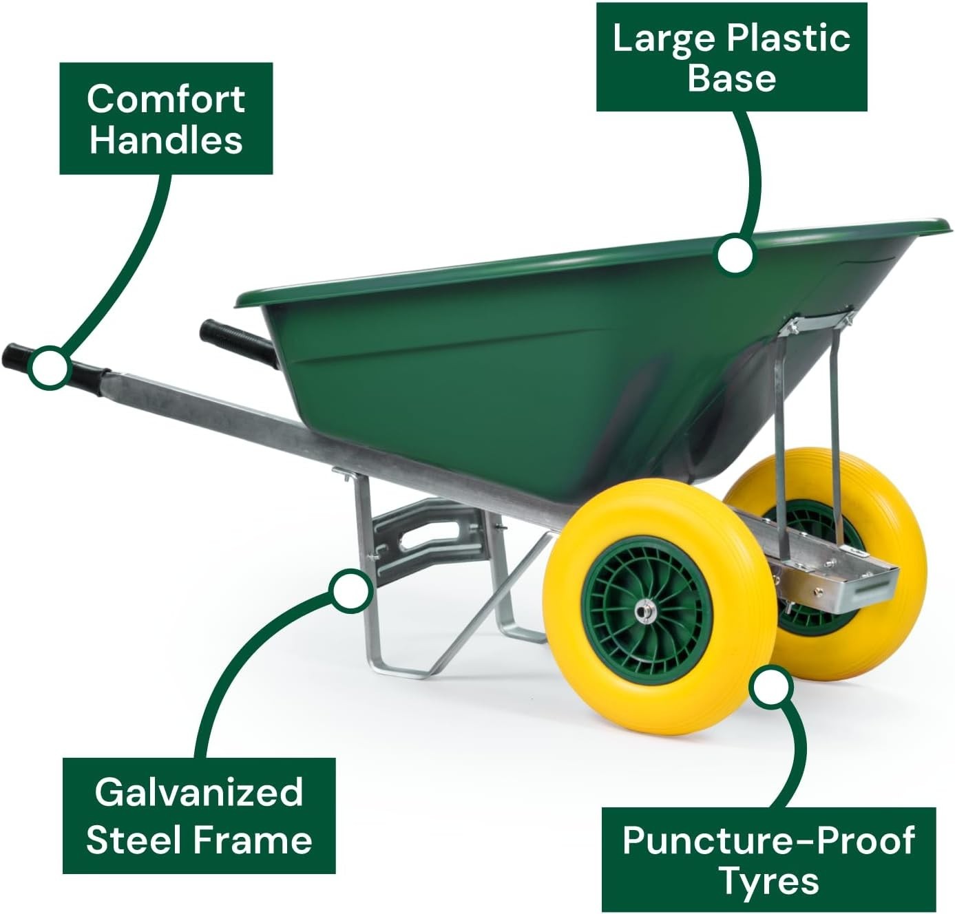 160L 2-Wheel Garden Wheelbarrow – Green – Flat-Free Tyres Heavy Duty 130kg