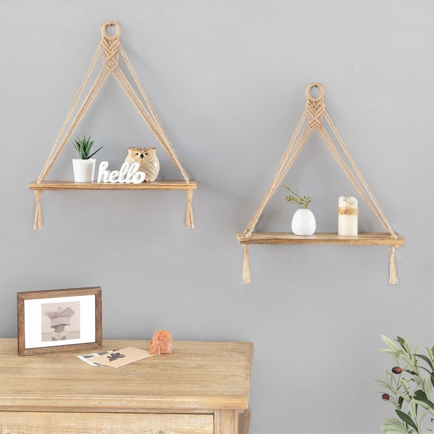 Boho Triangular Hanging Shelves Set of 2 Wood Floating Wall Decor