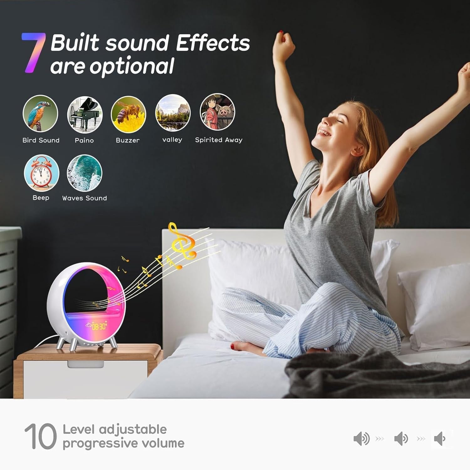 Bluetooth Speaker Alarm Clock Wireless Charging LED Night Light App Control